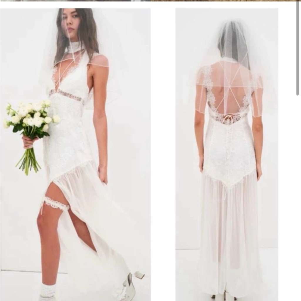 For Love & Lemons White Lace Bridal Gown With Sheer Skirt